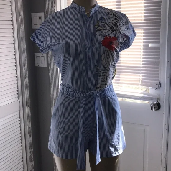 Zara Basic Floral Blue Striped Romper - Picture 5 of 10